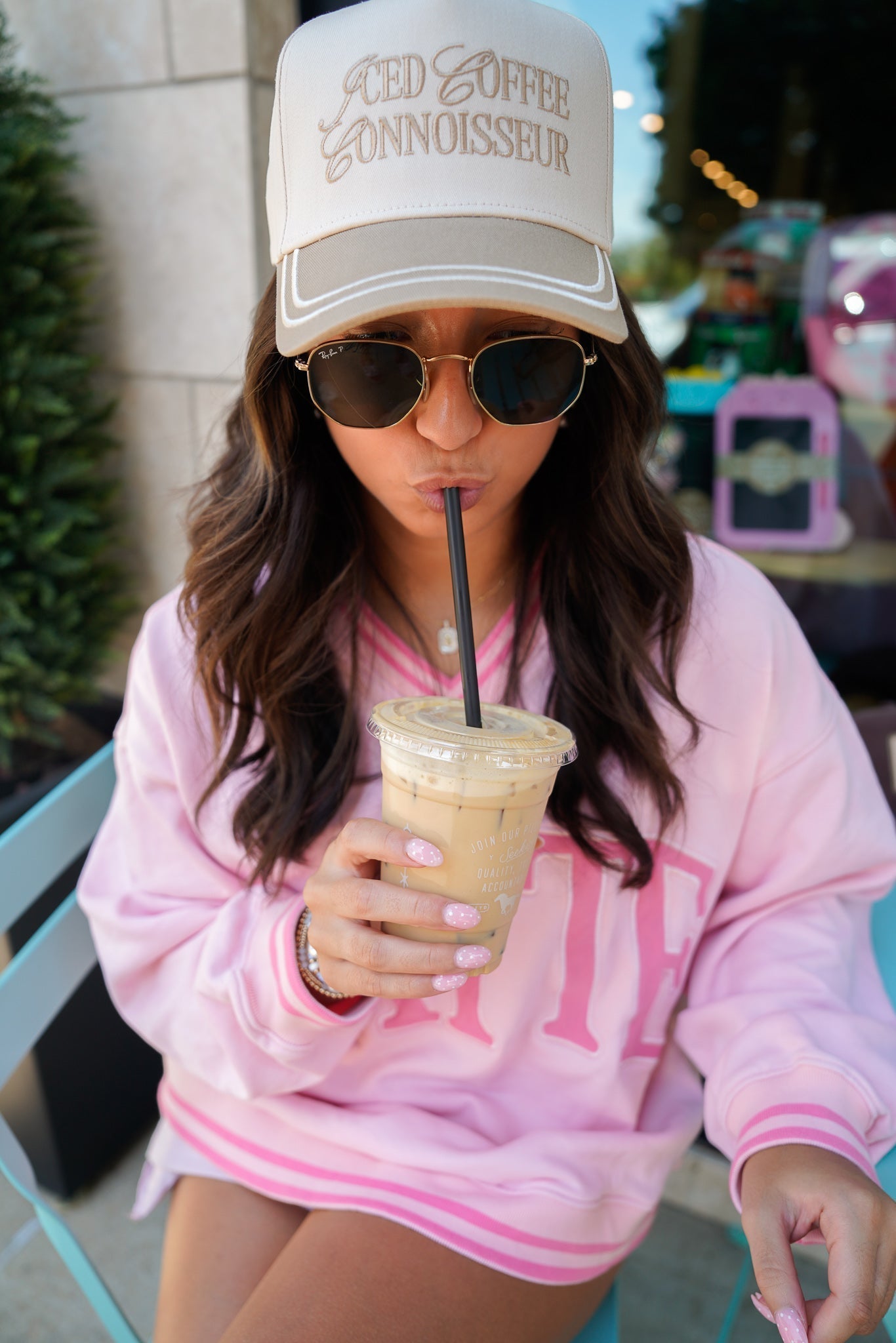 Latte - Pink Vintage V-Neck Sweatshirt