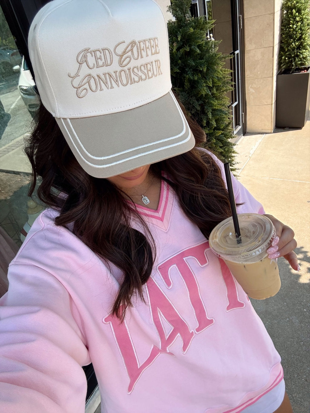 Latte - Pink Vintage V-Neck Sweatshirt